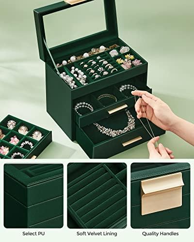 Кутија за накит со песни со стаклен капак, организатор на накит од 4 слој, 3 фиоки, за очила за сонце, голем накит, складирање на накит, модерен