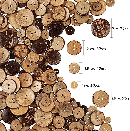 Amornphan 150pcs 5Sizes измешајте кокосова школка Природни дрвени копчиња со 2 дупки за DIY облека за шиење занает занаети