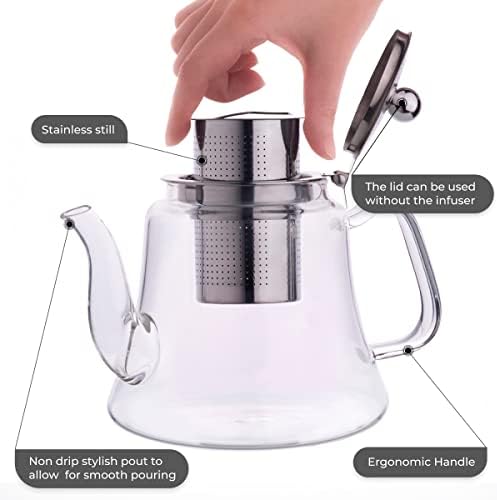 АСЕРСОН 1200 мл/40 мл стаклена чајник, отпорен на топлина, инфузер од не'рѓосувачки челик, рачно изработен, пиварница за чај од