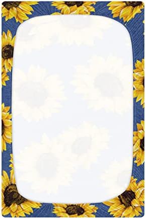 Алаза сончоглед жолт цвет Цветни сини креветчиња за креветчиња опремени листови за басинет за момчиња бебе девојчиња дете, стандардна