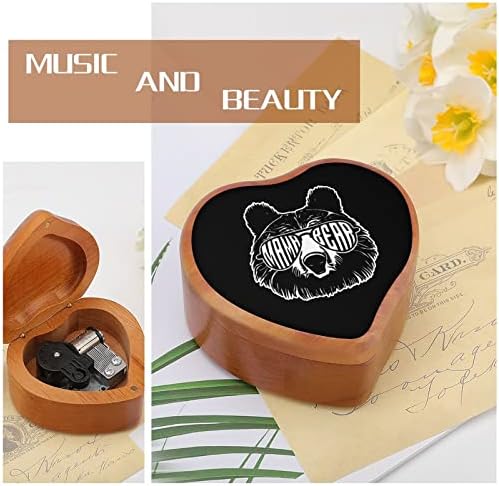 Мама мечка со очила за сонце дрвена музичка кутија срце форма на срце, музичка кутија гроздобер дрвена часовничка музичка кутија