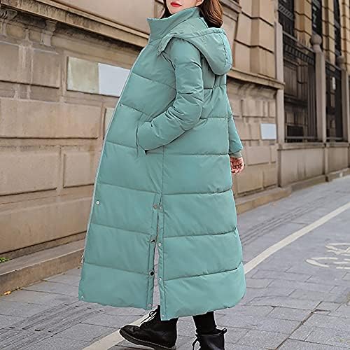 Жените Со Качулка Долна Надворешна Облека Долга Зимска Еднобојна Палто со Џебови Долги Ракави Со Патент Сплит Палта
