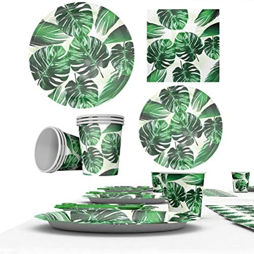 1 сет од садови за хартија од 56 парчиња Хаваи забава Monstera Printed Декоративни чаши за садови