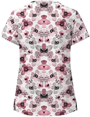 Лето Scrub_Tops За Жени Шарени Цветни Печати Работна Облека V Вратот Кратки Ракави Блузи Со Џебови