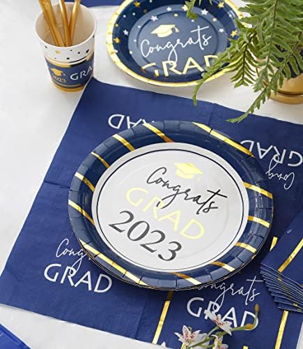 Додатоци За Забава За дипломирање 2023-Служи 16-Сини И Златни Чинии За Дипломирање И Салфетки 2023 Чаши За Дипломирање Прибор