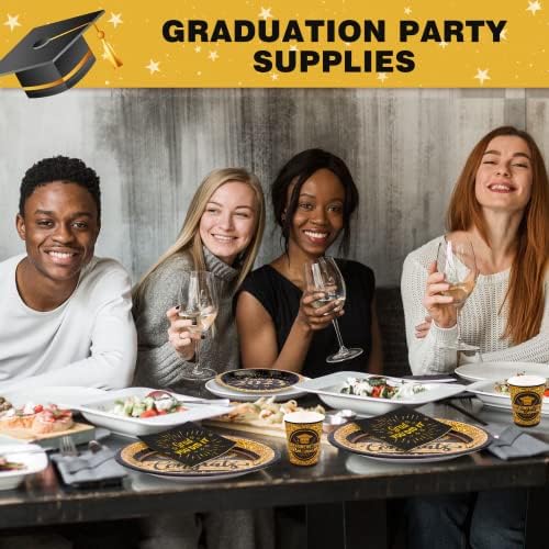 200 парчиња матура за дипломирање плочи и салфетки чаши сервираат50, црна и златна класа од 2023 година за еднократна употреба вечера десертни
