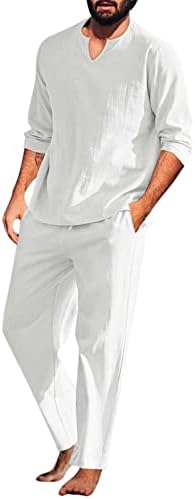 Мажи парчиња памучни постелнина сет Хенли кошула со долг ракав и обични панталони на плажа летни јога облеки класични костуми бело