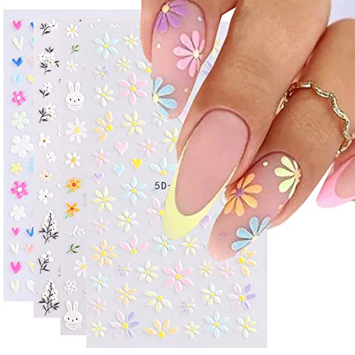 Јосомк ​​цветни нокти налепници за уметност 5д врежани декорации за нокти пролетни маргаритки за нокти дизајн самостојно лепило за нокти,