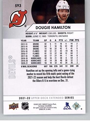 2021-22 Горна палуба Продолжена 593 Даги Хамилтон Newу Jerseyерси ѓаволи НХЛ хокеј за тргување со картички