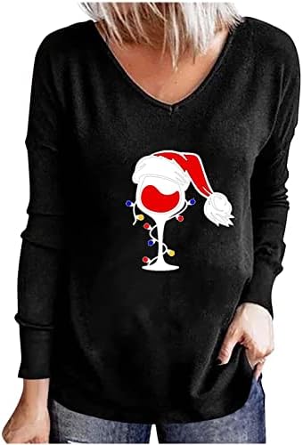 Женски Божиќни кошули со долги ракави се продолжат Божиќни дрво графички маички обични обични црни врвови на вратот на вратот