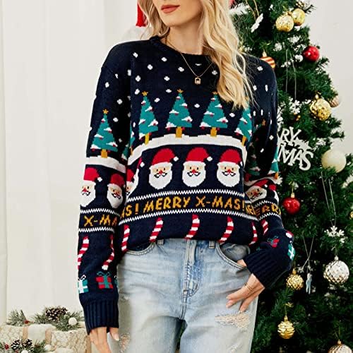 Санта Божиќ џемпер за жени пријатна плетена кошула есен зимски врвен врвен аспиратор, обичен трендовски пуловер