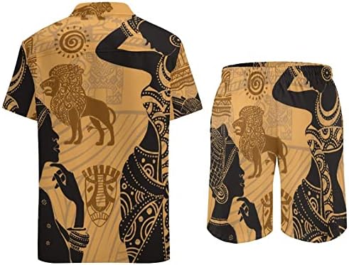 Африканско племе црна жена мажи 2 парчиња хавајски сет копче надолу со кратки ракави кошули плажа панталони лабави фит-манжетни тренерки
