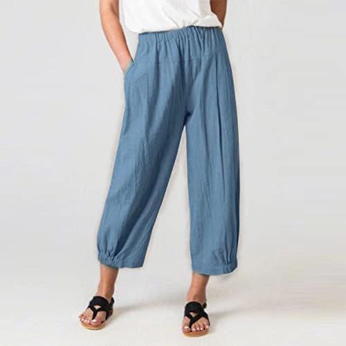 Женски летни постелнини панталони еластични половини, буги плетени широки нозе, удобни цврсти панталони во боја, со џебови