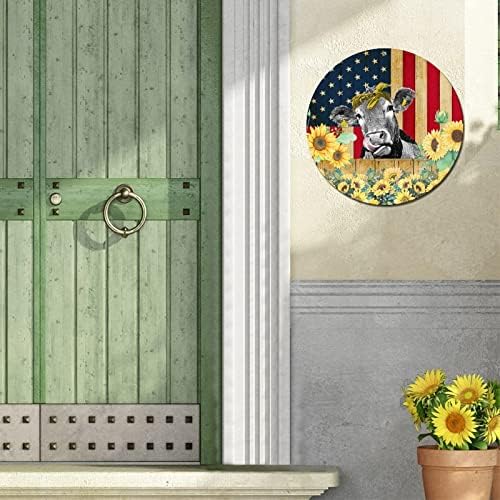 Тркалезен метален знак рустикално дрво зрно исушено американско знаме Смешна фарма крава сончогледи Декоративни wallидни бар знак плакета гроздобер