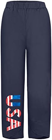 4 -ти јули памучни постелнини панталони женски летни обични панталони со џебови Американско знаме удобни панталони за плажа, буги долги панталони