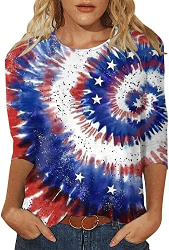 Американска кошула со знаме за жени 3/4 ракав Обична графичка маица Starвезда ленти САД, врвови на летни основни маички Туника 2023