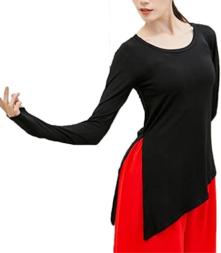 Sideенски страничен пресек латински танц врвот лабава вклопена долга ракав полите Туника јога блуза тркалезна врата фустан салон