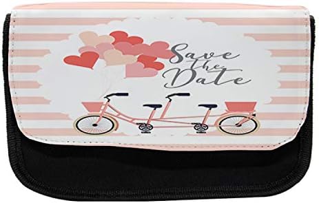 Случајно куќиште со молив со велосипед, романтично тандем велосипед срца, торба со молив со ткаенини со двоен патент, 8,5 x 5,5, руменило