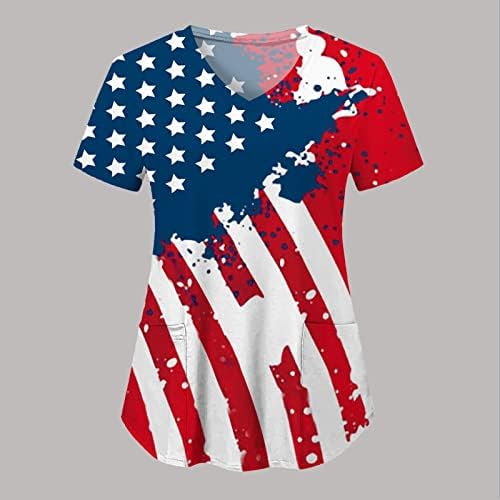 Кошули за 4 јули за жени во САД знаме лето кратка ракав против вратот маичка со 2 џебови блуза врвна празнична работна облека