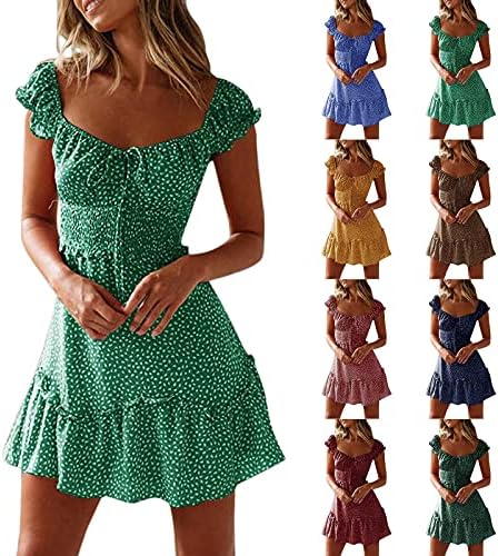 Gdjgta фустан за жени секси летен плетен ракав U деколте, флорално печатење бохо фустани мини фустан изсадете за забава на плажа