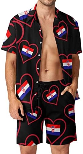 Ја сакам хрватската црвена срце машка 2 парчиња облека од плажа на хавајски кошула со кратки ракави и костуми за шорцеви