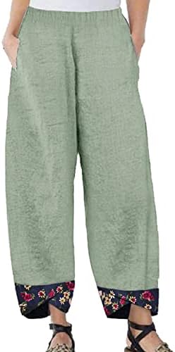Maiyifu-GJ Women'sенски печатени постелнина широки панталони за нозе летни еластични половини плажа Харем панталони лесни исечени дно панталони