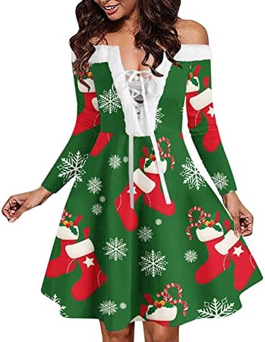 Божиќни фустани за жени карирани тркалезен врат новогодишна елка, плус големина елегантен коктел ноќен фустан