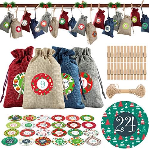 Календар на доаѓање 2022 24 парчиња Божиќни Вреќи Со Врвки За Влечење Божиќна Торбичка За Чување Божиќни Торби За Подароци Вреќи Со Лопатки