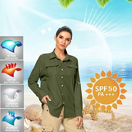 Women'sенски UPF 50+ UV Sun Заштита сафари кошула, долг ракав на отворено ладно брзо суво риболов пешачење за градинарски кошули