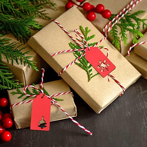Божиќни ознаки за празници, ознаки за обвивки за божиќни подароци, црвена елка од ирваси од снегулка, ознаки со црвена хартија со црвена и бела
