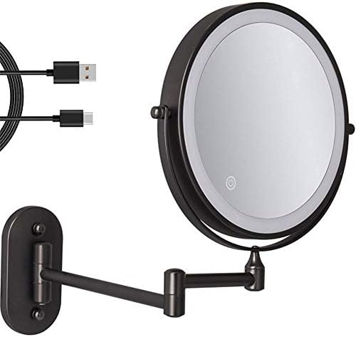 8 '' Wallид монтиран шминка огледало Црното USB -полнење со двојно еднострано со 3 тони LED светла, 1x/7x зголемувачки огледало за бања