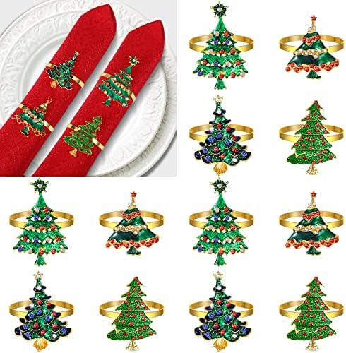 Јунџиан 24 парчиња Божиќни салфетки прстени прстени за прстенести дрва за држење на дрва, ринестон бисер метал за свадбена празнична маса за украсување
