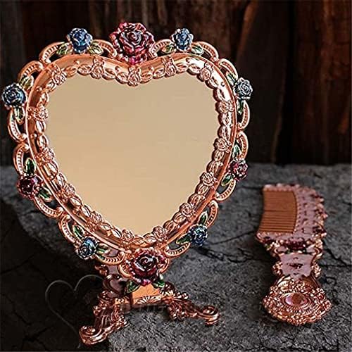 Нердох Европски гроздобер форма на срцев облик на рачно огледало на огледало на огледало на рамка за џебно огледало за девојче Подарок