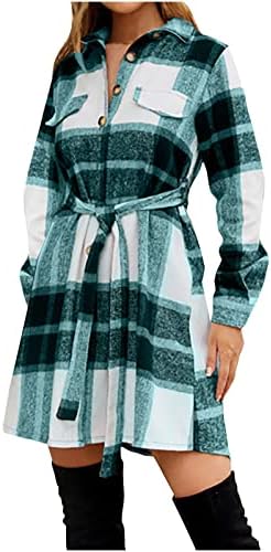 Longенска долга карирана кошула јакна Шакет Лејпел копче надолу во волнена мешавина Обичен тартан над фустан со палто за ровови на кошула