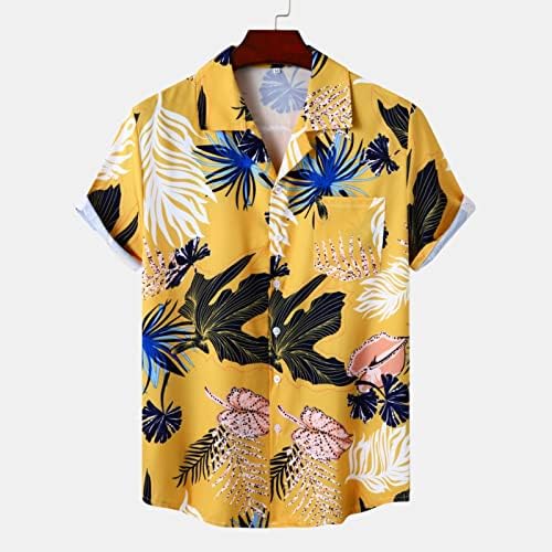XXBR 2023 Нови мажи пролет и летни кошули со сингл на градите, обичен печатен лапел плажа краток ракав џеб t