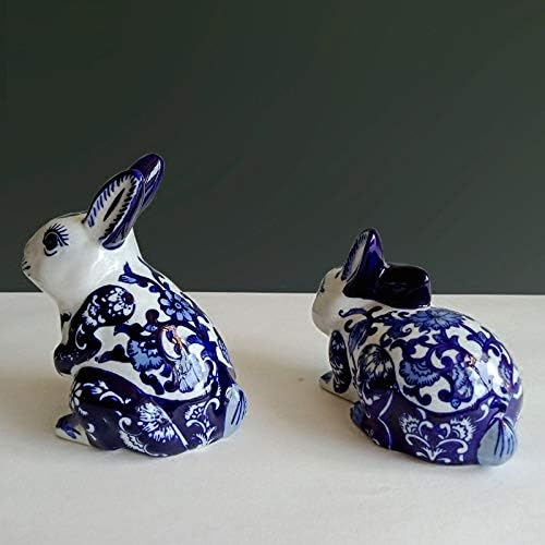 Ореви кинески класични сини и бели порцелански украси креативни керамички зајаци со две парчиња слатки животински фигурини за декорација