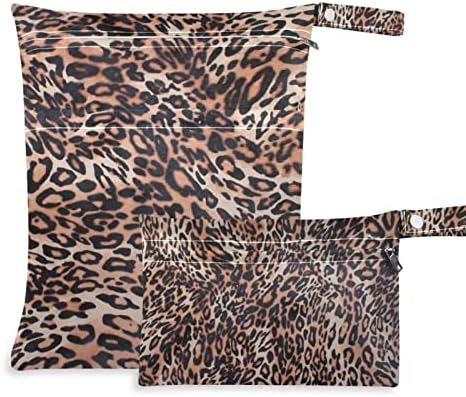 Пниоин Леопард Печатење Кожа Теле Влажна Сува Торба 2 парчиња Водоотпорна Торба За Пелени За Бебиња со 2 Џебови Со Патент За Крпа Патување