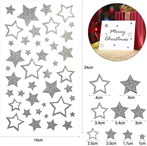 КЕСОТЕ 5 листови налепници на сјајни сребрени starвезди, само-леплици разновидни етикети на starвезди за ракотворби Божиќна декорација,