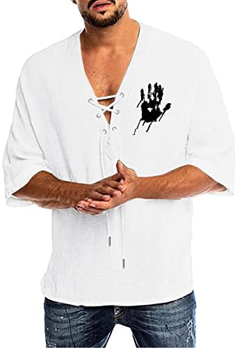 УБСТ машки V врат-чипка Хенли кошули, летен графички влечење 3/4 ракав обичен хипи плажа на врвови за мажи половина 1/4 3/4 улична облека
