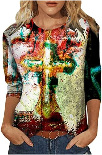 Исус крст кошула со долг ракав за жени екипаж врат гроздобер вратоврски за печатење врвови дами Раглан случајно верување блуза