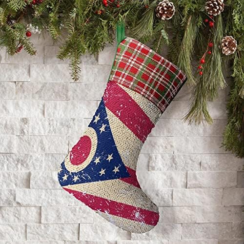 Охајо државно знаме Секвен Божиќ за Божиќни празници Реверзибилни бои што се менуваат магичен фонд за Божиќно дрво Камино виси чорапи