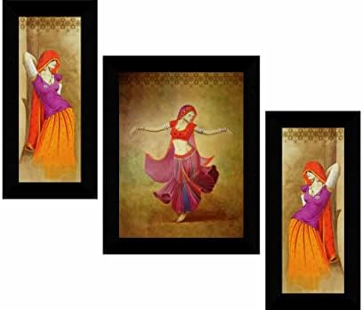 SAF сет од 3 дами за танцување Раџастани, модерно уметничко сликарство за украсување на домови 13,5 x 22,5 инчи