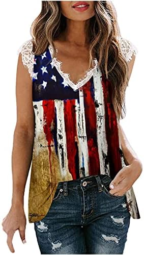 САД со знаме на знамето за жени 4 -ти јули Патриотска кошула Американско знаме без ракави графички маички чипка цветни текови