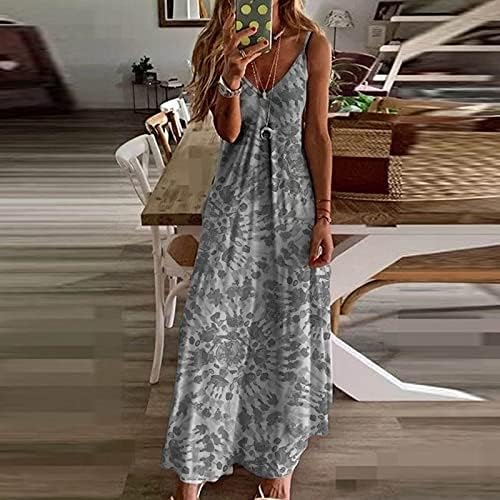 Женски 2023 лето бохо фустан трендовски цветни печатени V-вратот шпагети ленти sundress обични макси фустани без ракави без ракави