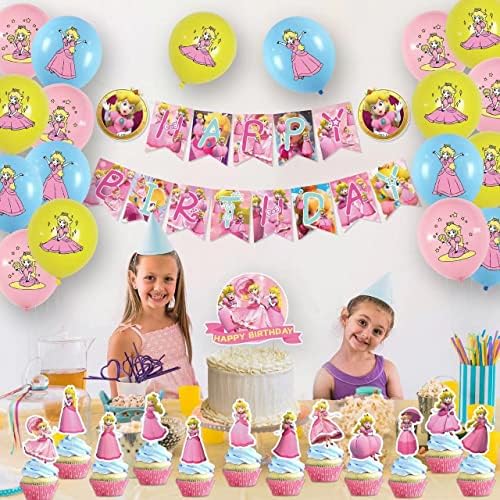 Принцеза Праска Роденден Декорации, Марио Принцеза Праска Партија Материјали Во Собата За Деца, вклучени Среќен Роденден Банер, Торта
