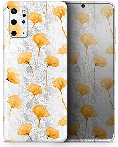 Дизајн Скинц Карамфила жолта и сива цветна V10 заштитна винил декларална обвивка за кожата компатибилен со Samsung Galaxy S20