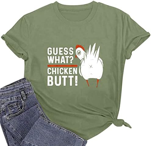 Womenените пилешки печатени маици со краток ракав 2023 летна екипа на вратот на вратот, графички случајни пуловер лабави маици кошули