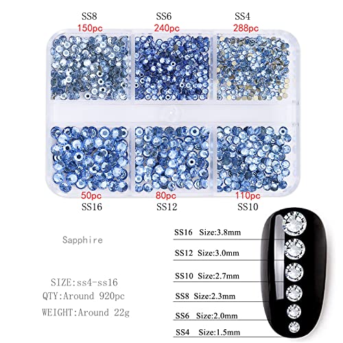 1000 парчиња сини скапоцени камења за нокти CHARMS Flatback Crystal Rhinestones Nail Supplies Round Bidd Diamond Driph 6 големини стакло од