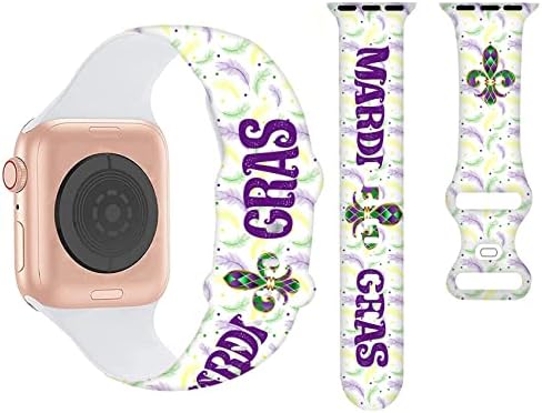 Mardi Cartoon Gras Kawaii бендови компатибилни со Apple Watch Band 38mm 40mm 41mm 42mm 44mm 45mm, силиконски ленти за ленти, компатибилни со