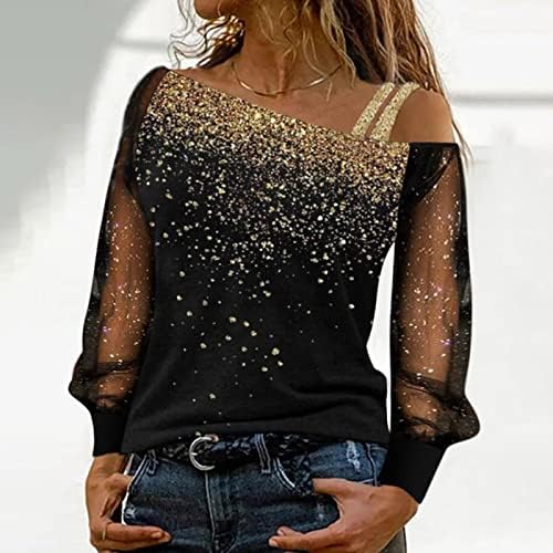 Womenените Sequin Print Mesh Долг ракав ладно рамо за рамо маица обична лабава блуза маички врвови